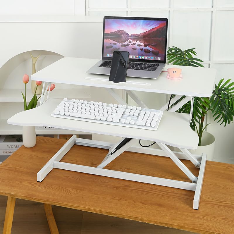 31 5 inch Standing Desk Converter White Adjustable Desktop Stand Up Desk Riser Dual Monitor and Laptop Workstation