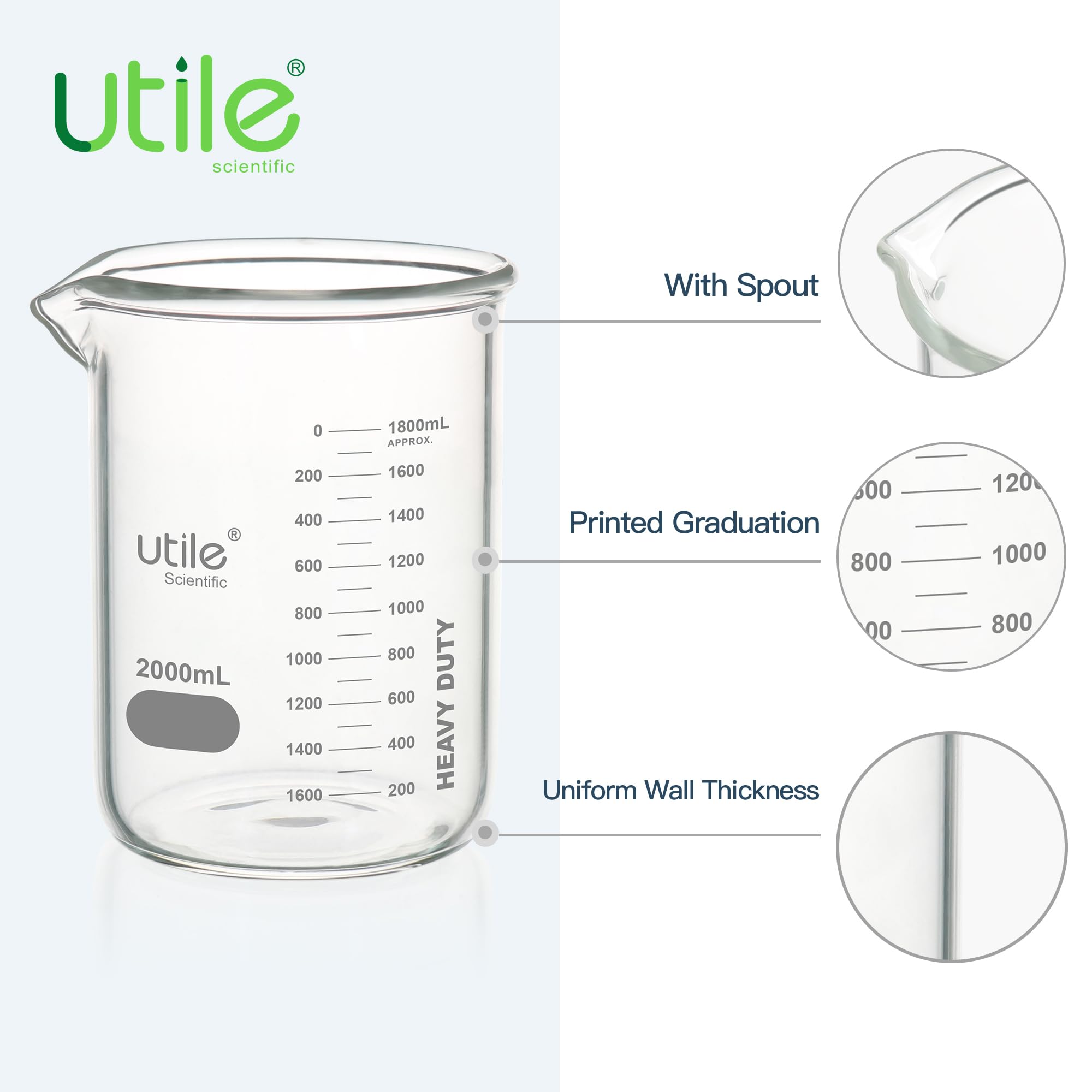 Utile 2 bicchieri in vetro borosilicato 3.3 con graduazione stampata, 2000 ml, confezione da 2 pezzi