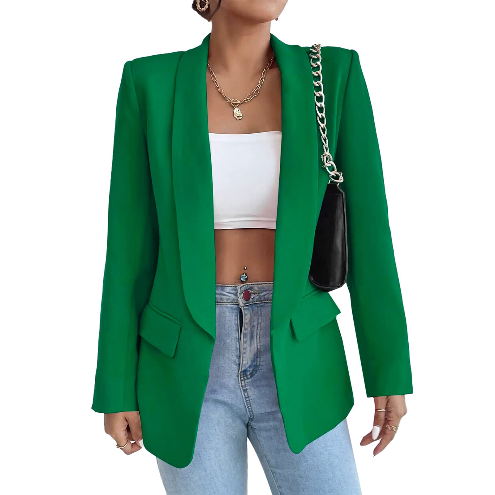 Blazer largo casual para mujer, con frente abierto, chaqueta de trabajo de oficina con bolsillos