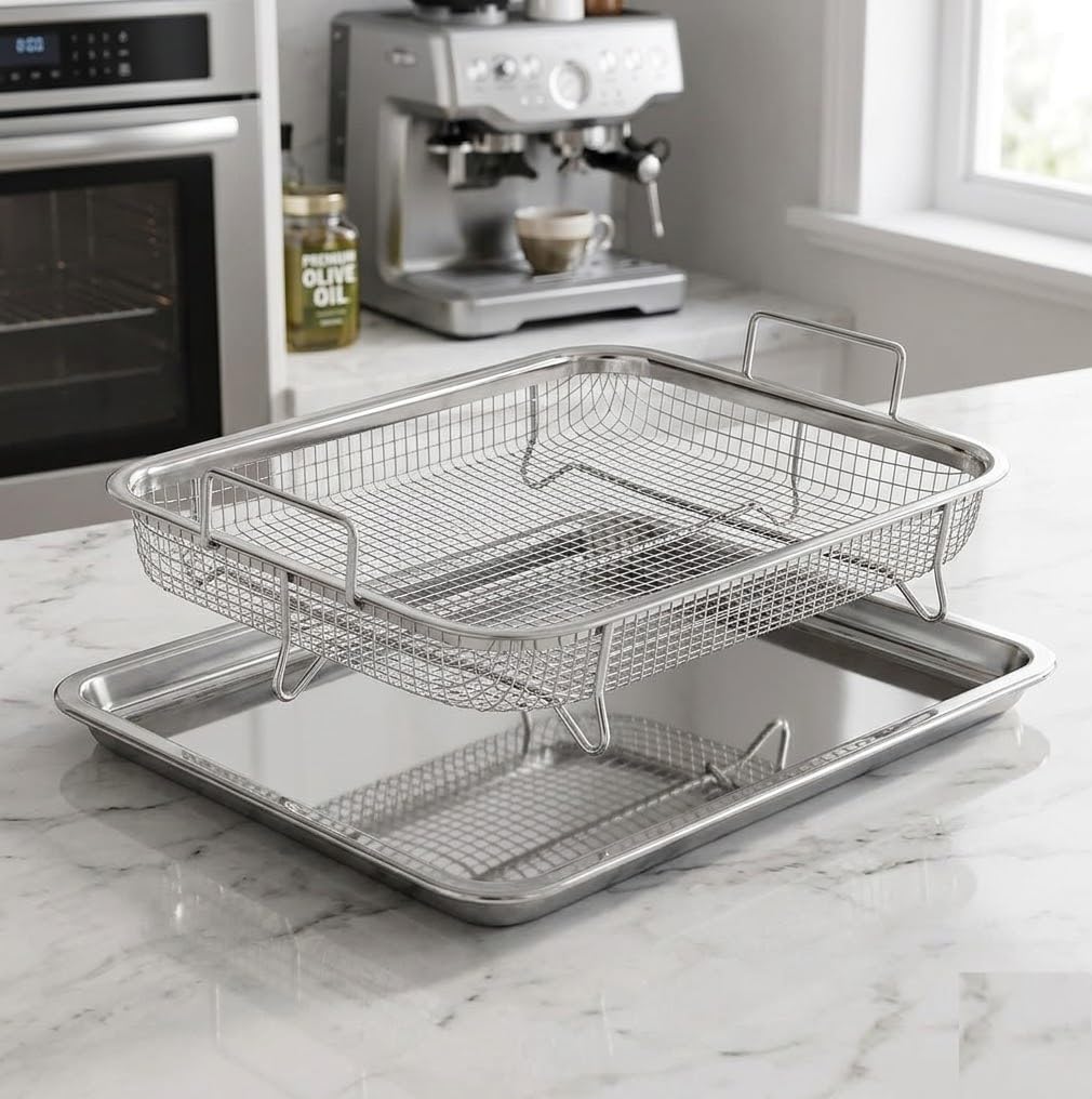 Stainless Steel Air Fryer Basket for Oven with Crisper Tray Set, Non-Stick Mesh Rack for Crispy Chicken, Fries, Bacon & Even Heat Baking Pan-image-31