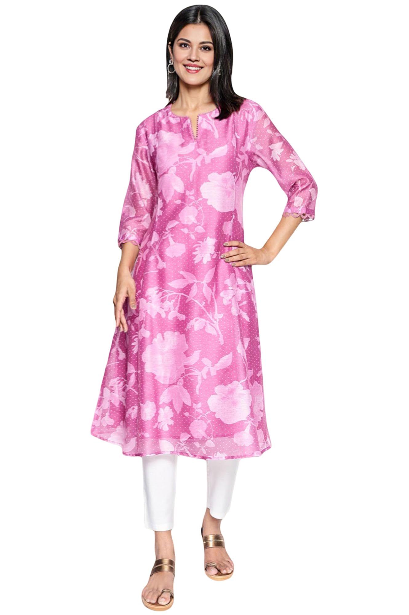 w for woman Pink Printed Chanderi Flared Kurta-picture-22