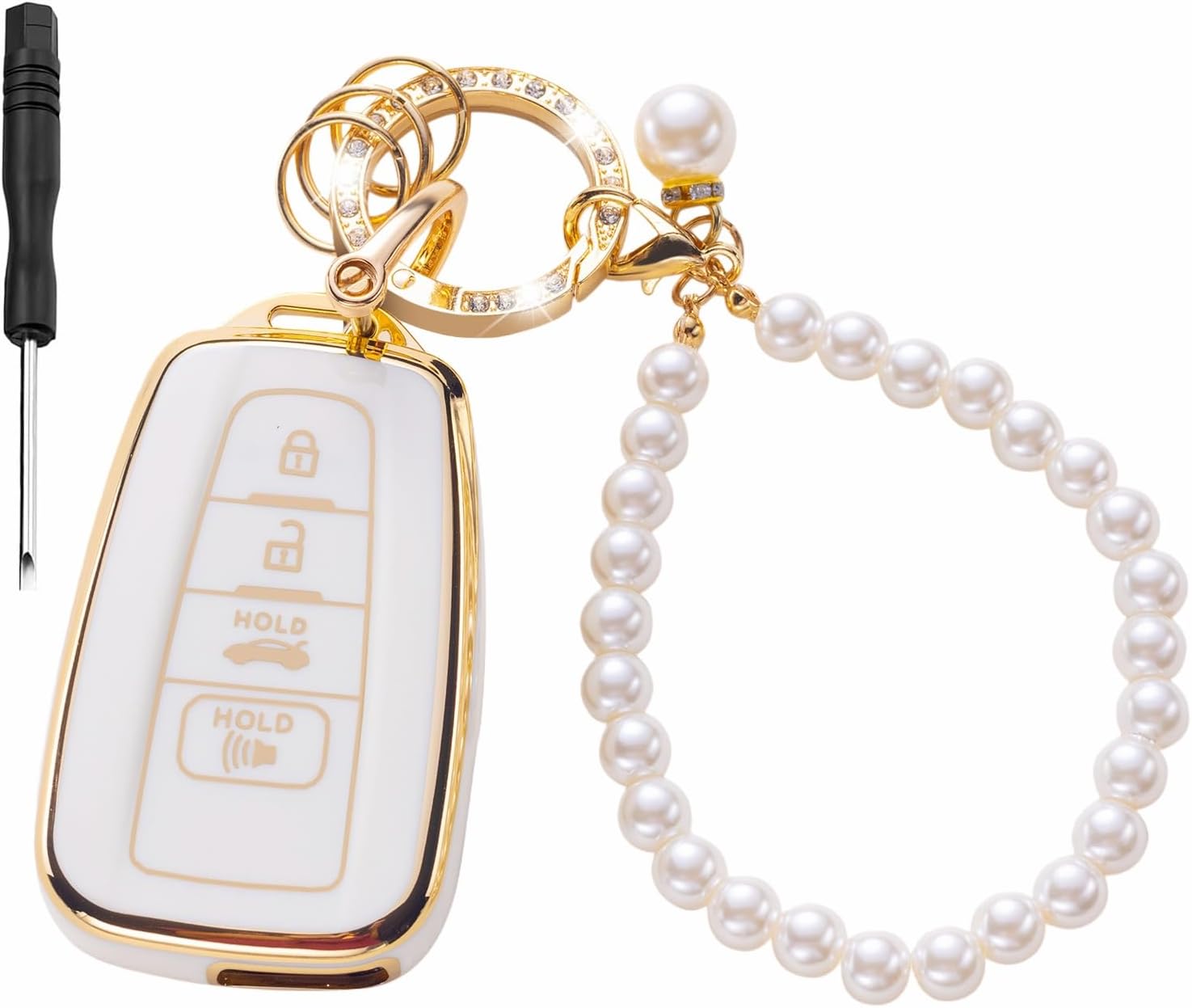 Gematay for Toyota Key Fob Cover with Pearl Keychain，Car Key Case Protection for 2018-2025 Camry RAV4 Highlander Avalon C-HR Prius Corolla GT86 Smart Key Holder