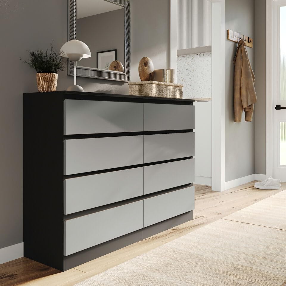 URBNLIVING Modern Black Wooden Chest with Grey 8 Drawers for Bedroom Office Storage Versatile Bedside Table Stylish Cabinet for Organizing Clothes Accessories Work Place Supplies and Personal Items