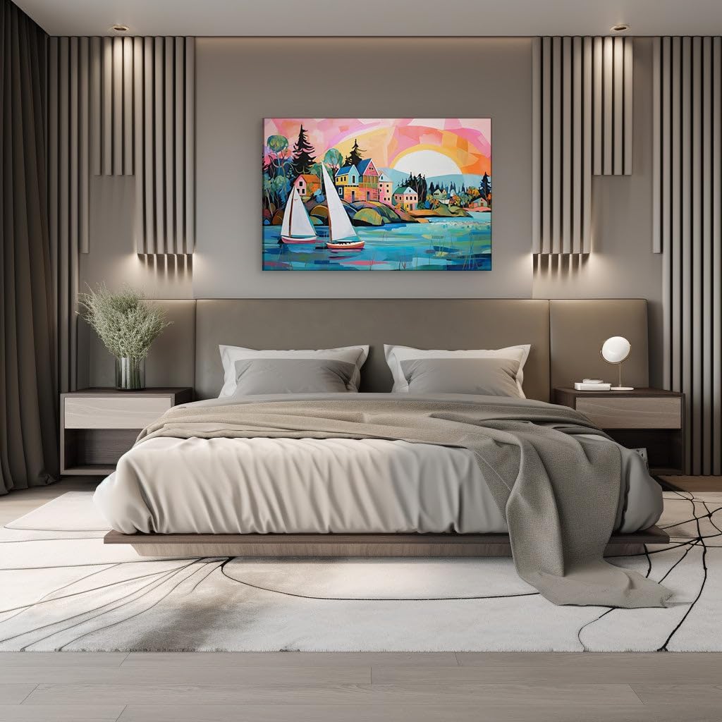Canvas for Living room. Sailing into Serenity: Idyllic Coastal Bliss Meets Vibrant Village Charm, 27 x 18 inch Canvas Wall Art - Contemporary Masterpieces - Modern Home Decor