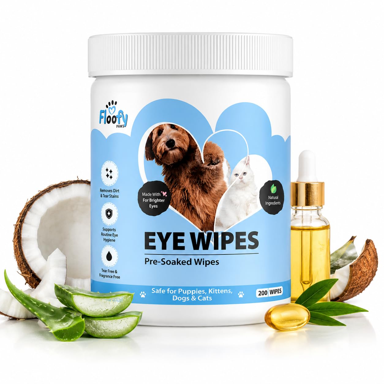 Floofy Paws Dog Eye Wipes – 200 Pre-Soaked Pet Eye Cleaning Wipes with Aloe Vera, Coconut Extract & Vitamin E – Removes Tear Stains, Eye Discharge & Dirt – Gentle Daily Eye Care for Dogs, Cats