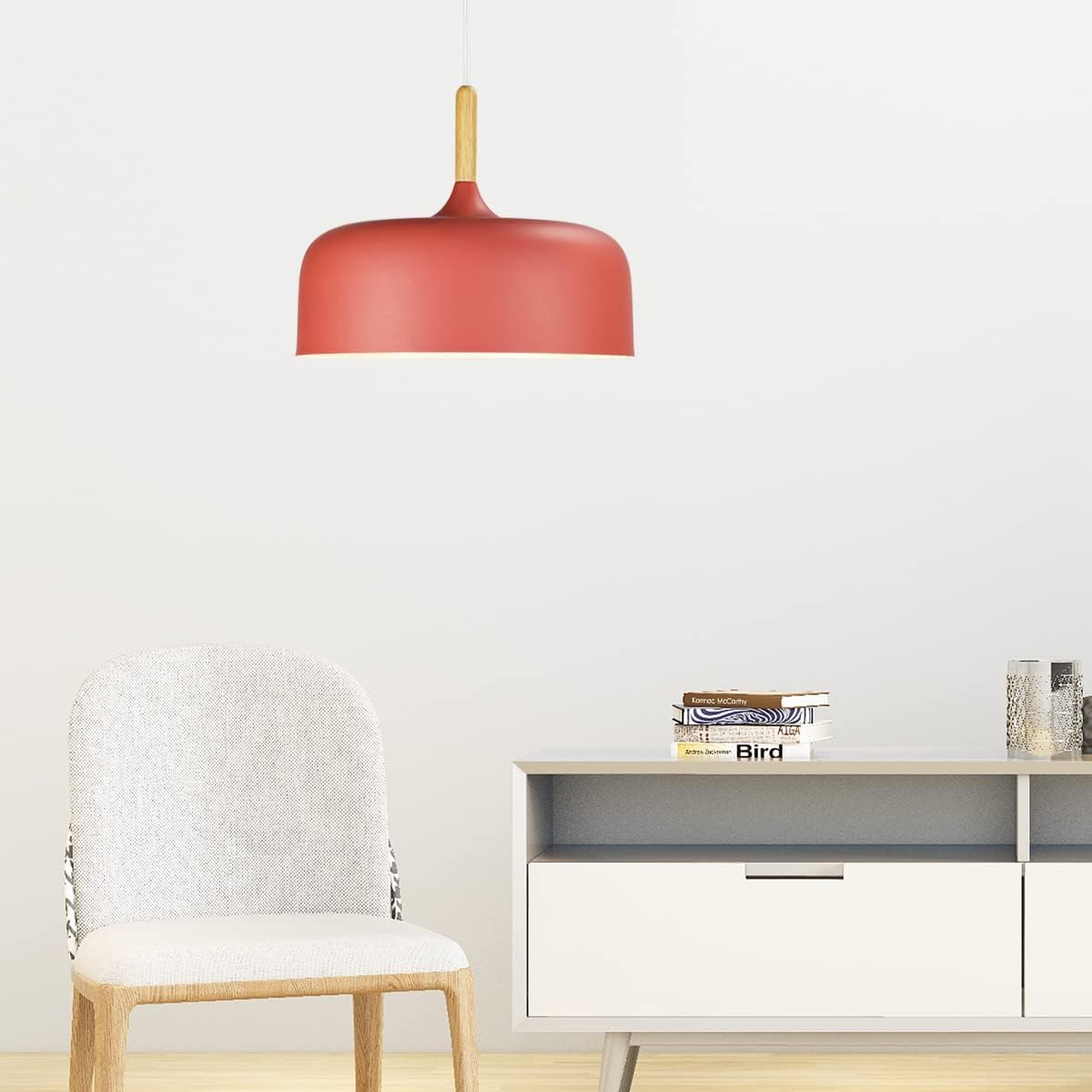 Luke Nordic Metal Pendant Light with Metal Shade and Wooden Deco for Kitchen Island,Dining Room,Café,Adjustable Metal Ceiling Light Fixture,Modern Design,Red