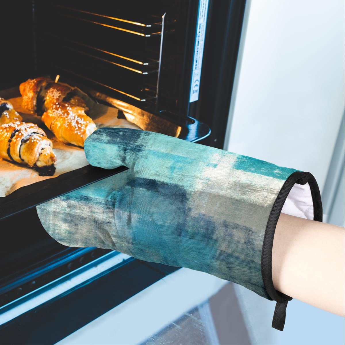 Kitchen Oven Mitts Heat Resistant Cooking Gloves with Hanging Loops Blue Turquoise Modern Art Oven Mitts and Pot Holders Pad Set for Cooking Baking Grilling