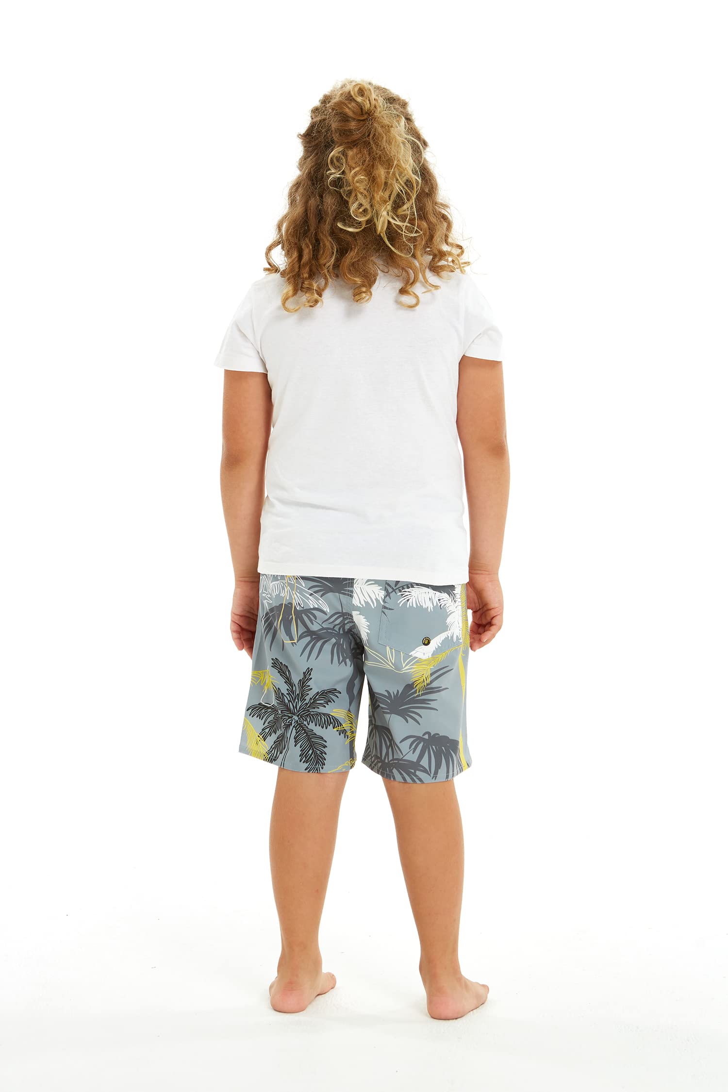 Boy's Spandex Hawaiian Beach Board Shorts with Elastic Tie and Pocket in Yellow Palms in Gray 12