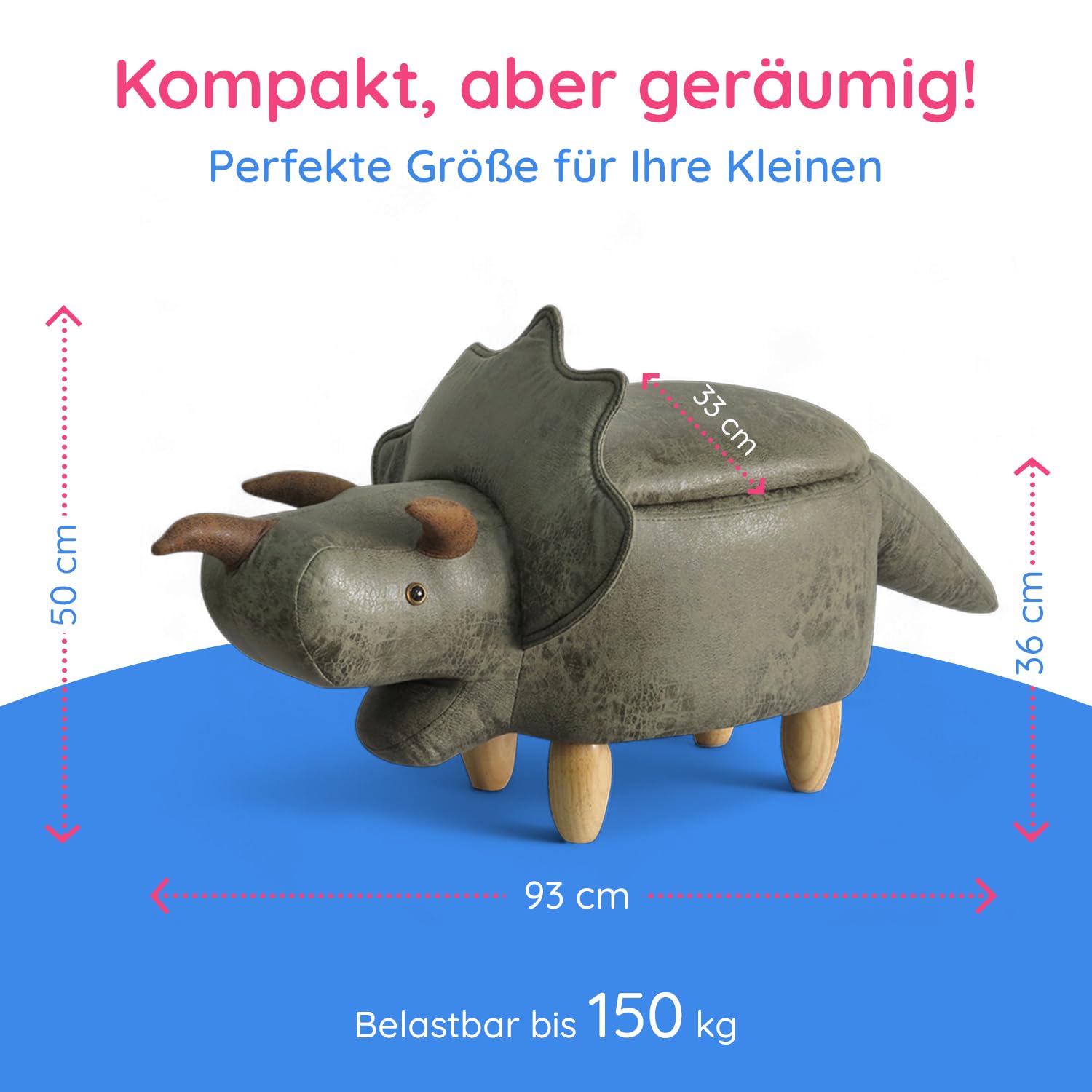 Suleno Dino Tierhocker mit Stauraum, Niedlicher Organizer & Sitzbox, 50 cm | für Kinder, weicher Bezug in Lederoptik, Holzbeine, dekorative Möbel für Kinderzimmer 93x 33 x