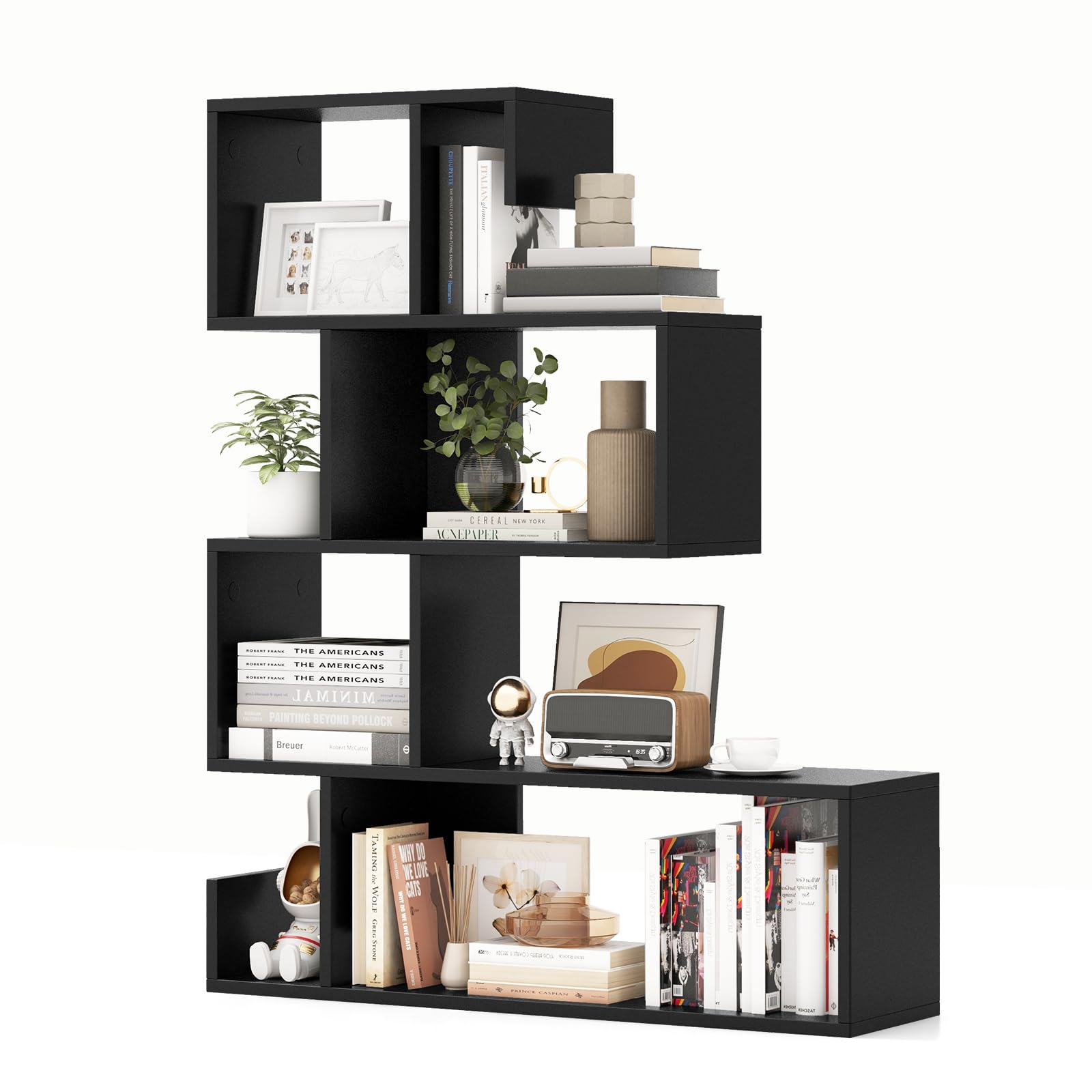 COSTWAY 4-Tier Wooden Bookshelf, S-shaped Cube Storage Bookcase Display Stand with Anti-tipping Device, Freestanding Geometric Shelving Unit Room Divider for Living Room Bedroom Office (Black)