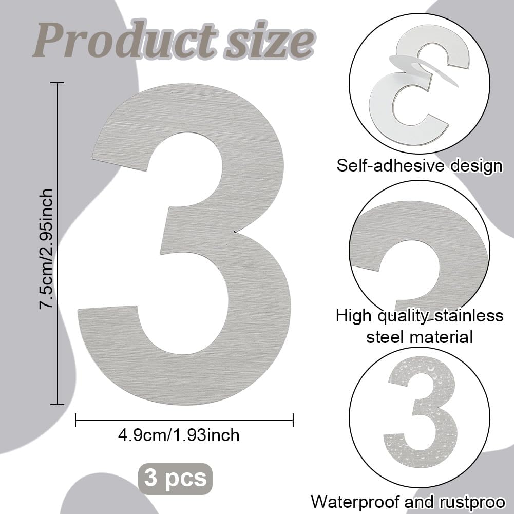ORIGACH 3 Pcs 3 Inch Premium Stainless Steel House Numbers, Self-Adhesive Sliver Metal Door Address Mailbox Numbers Stickers for Office, Room, Hotel, Apartment, Car, Truck, Outside (3)