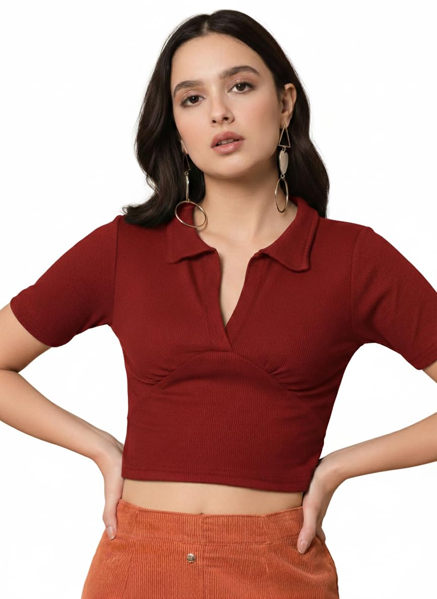 istyle can Women Solid Ribbed Crop Polo Top with V-Neck Collar-picture-19