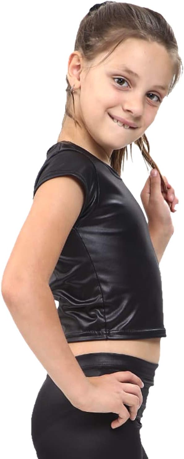 Aelstores Girls Wet Look Outfit Crop Tops Cycling Shorts Skirt Metallic Black Shiny Set 5-14 Years