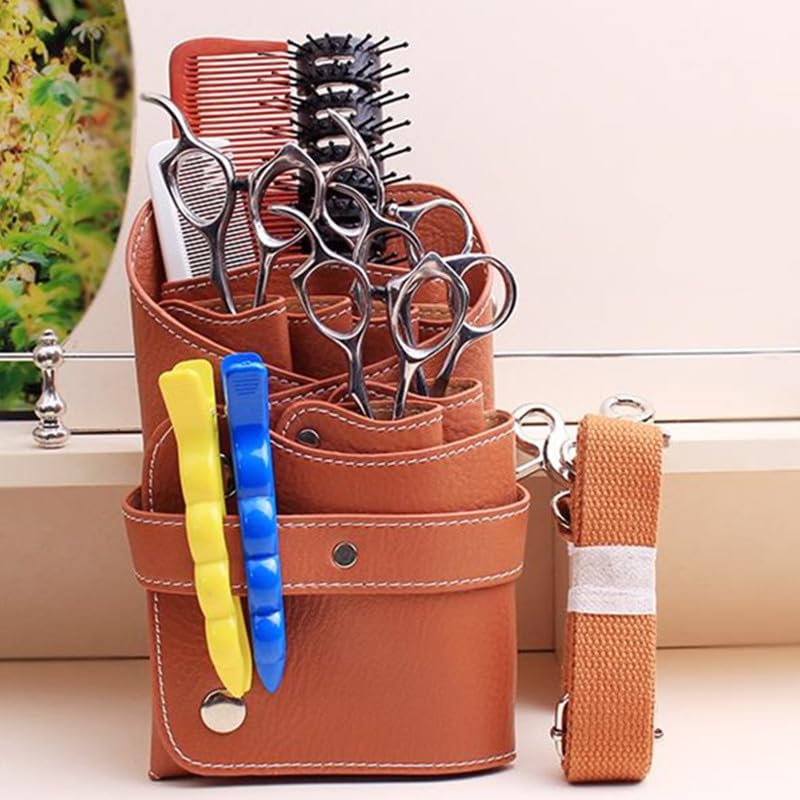 Borsa Parrucchiere Borsa porta forbici for capelli in pelle PU con 6 tasche, grande spazio, for salone da barbiere, pettine for, custodia cintura, strumento for parrucchiere(Brown)