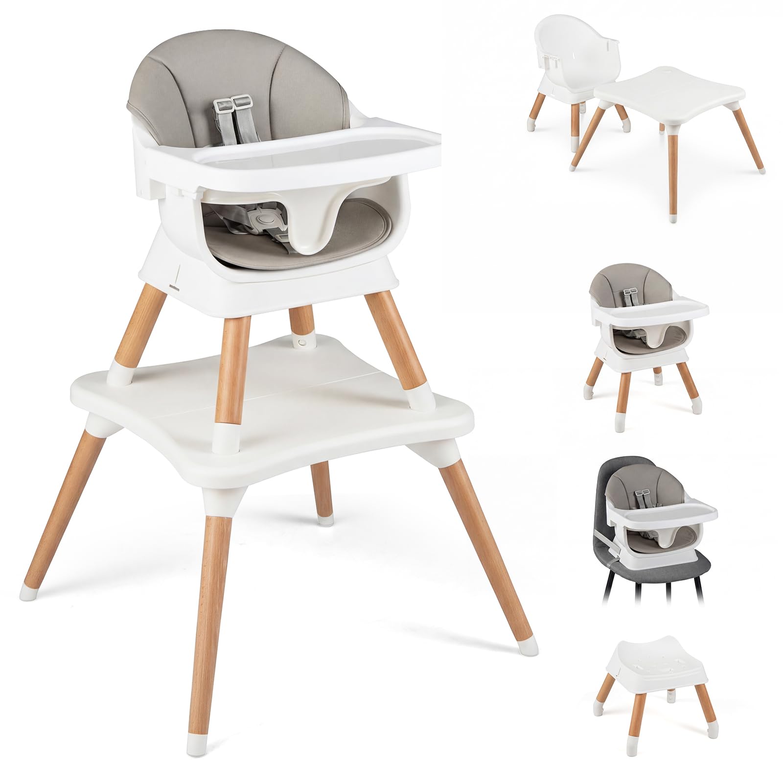 COSTWAY High Chair for Babies and Toddlers, 9 in 1 Convertible Baby Highchair with Solid Wood Legs, Removable Tray, Harness & Waterproof Seat Cushion, Infant Feeding Chair for 6-36 Months (Grey+White)