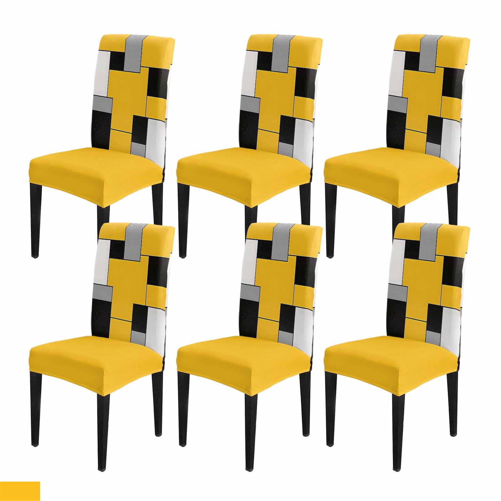 Yellow Abstract Dining Chair Cover Set of 6,Geometric Grey Black White Lattice Stretch Chair Protectors Slipcover,Spandex Kitchen Chair Seat Back
