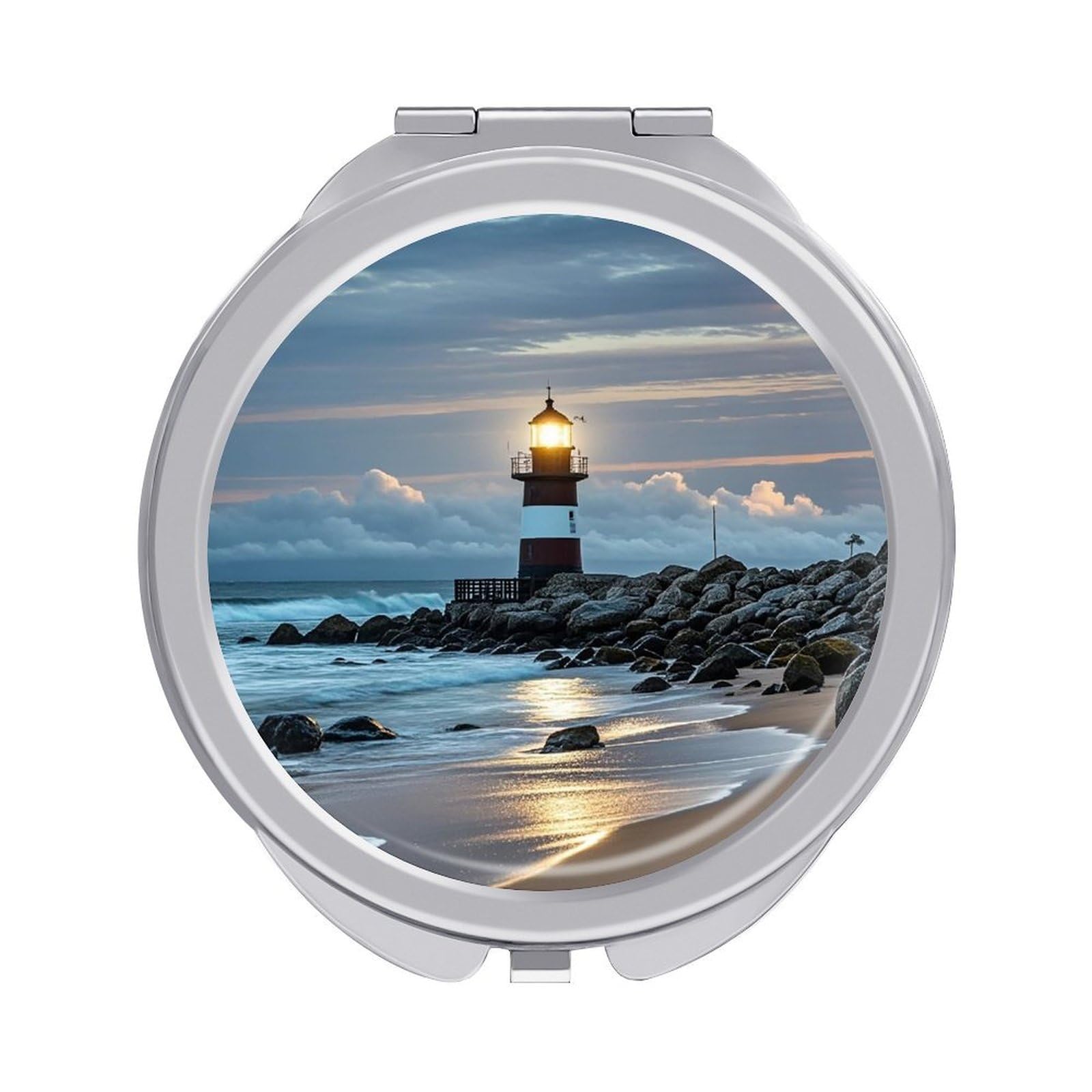 FekiLoot Sea Lighthouse Travel Makeup Mirror for Women Folding Portable Hand Compact Mirrors Small Round Vanity Mirror 1X/2X Magnifying Metal Pocket Makeup Mirrors