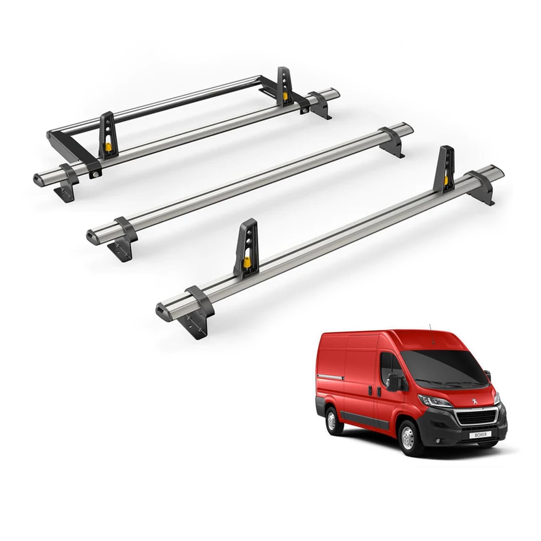 Van Guard Roof Rack for Peugeot Boxer 2006+ 3 Aluminium Roof Bars, Rear Ladder Roller with Loadstops [Note: Only Suitable for Low (H1) or High (H2) Roof Models.] - UltiBar Plus - VG245-3/VGR-16