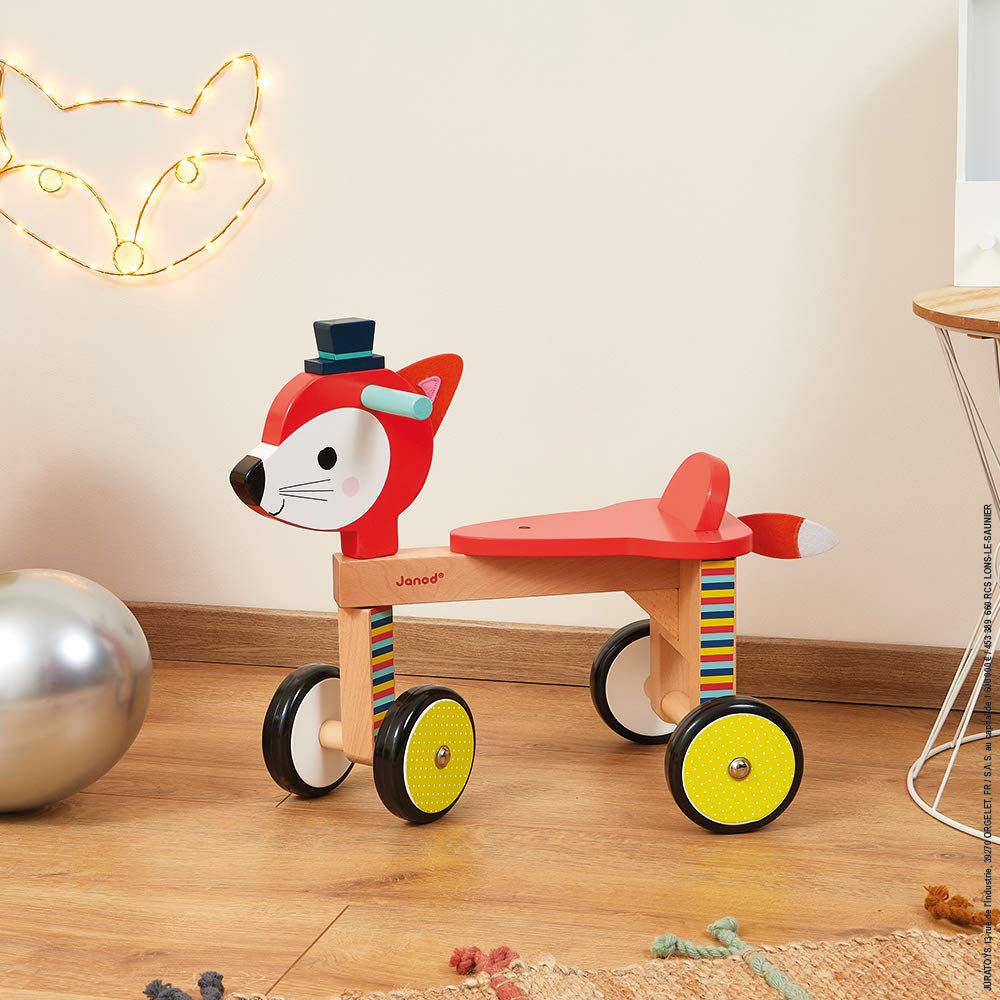 Janod - Baby Forest Cavalcabile Volpe (Legno), Giocattolo per L’Apprendimento Precoce dei Bambini, per Sviluppare L’Equilibrio e la Motricità Fine - da 12 Mesi in su, J08010