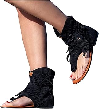 Sandals for Women Summer Tassel Flat Clip Shoes Flat Clip Toe Ankle Boots Beach Shoes T-Strap Roman Open-Toe Sandals Summer Womens Shoes,Black,US6/EU37