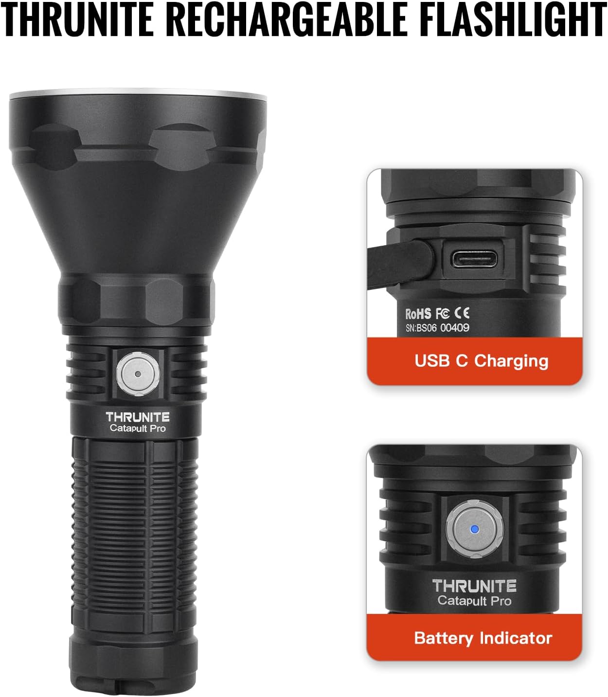 ThruNite Catapult Pro Rechargeable Flashlight, SFT70 LED, 1005 Meters Throw, 2713 High Lumens Bright Searchlight, Long Beam Distance Spotlight for Hiking, Camping, and Hunting - CW