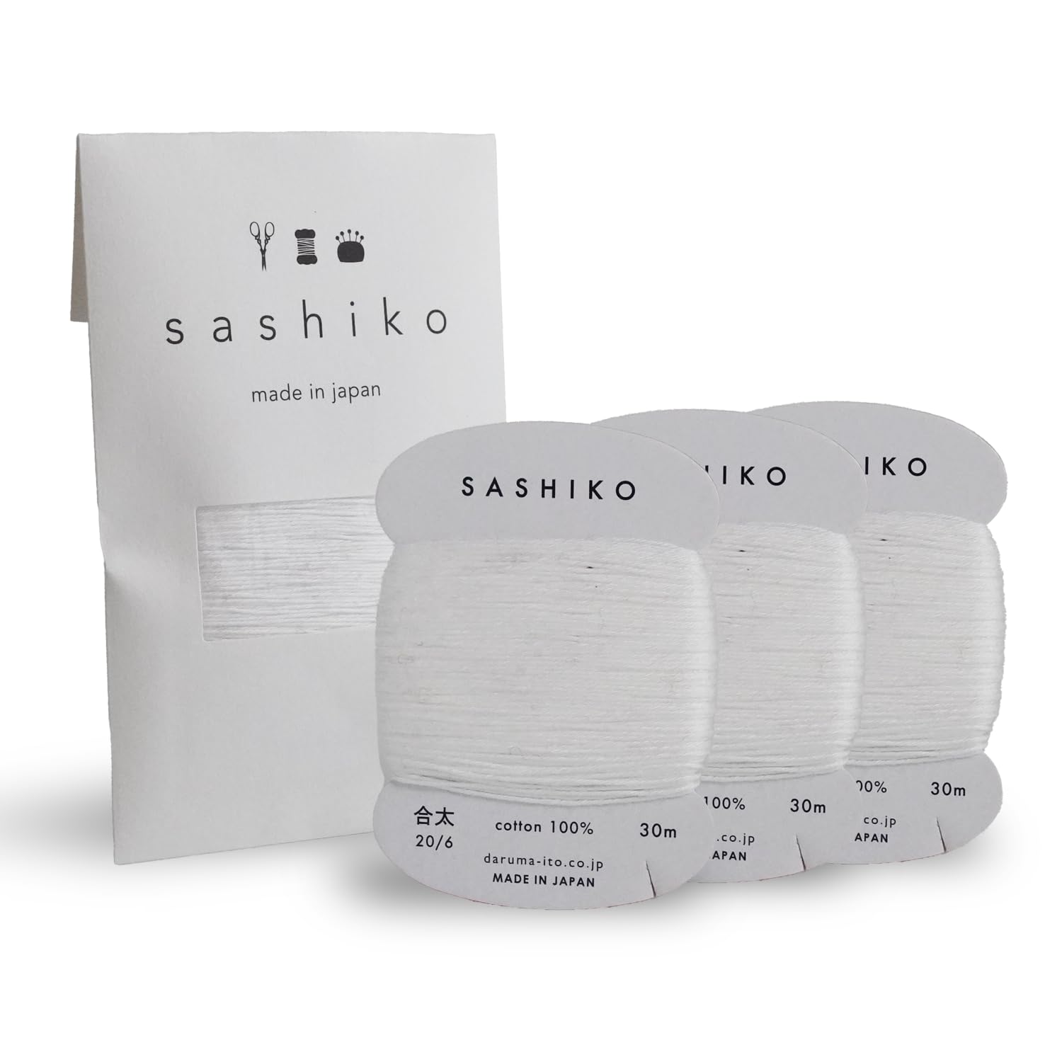 DARUMA Sashiko Thread Card Rolls, Set of 3 (30m x 3pcs) - Sewing and Embroidery, Includes Instruction Manual and Gift Packaging (Thick, White)