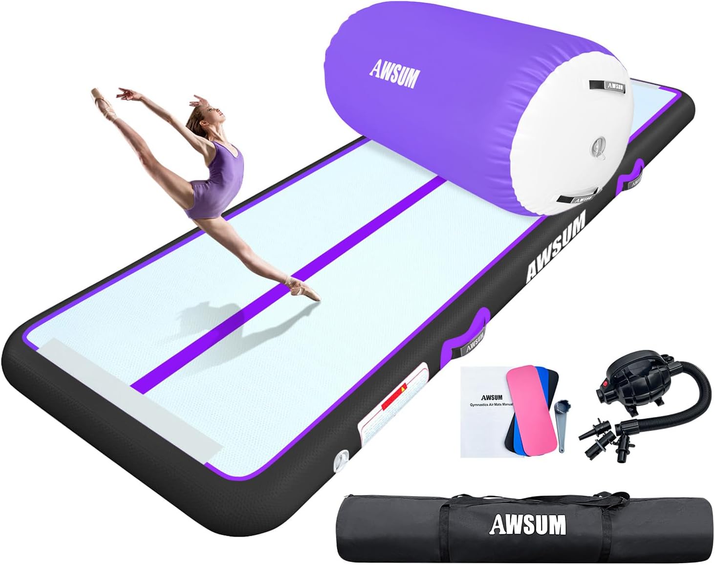AWSUM Gymnastics Mat with Air Roller Barrel Tumbling Mat Inflatable Air Gymnastics Mat for Home/Gym/Outdoor, with Electric Pump