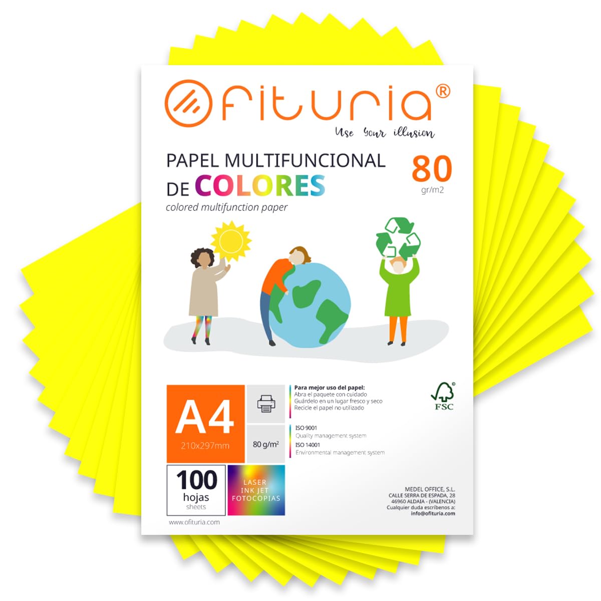 Coloured Sheets, Pack 100 Sheets A4 80 g – Coloured Paper for Crafts, Printer, Scrapbooking – Folios Colours – Ideal Origami, Papiroflexia, Office and School (Fluorescent Yellow, 100h)