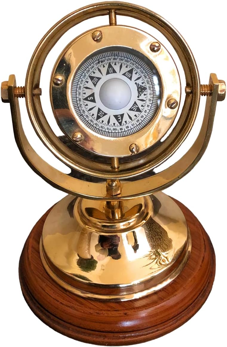 5'' Brass Gimbal Compass with Stand Fully Functional Directional Compass Nautical 3X Glass Home Decoration Display Piece Vintage Marine Gift Decor