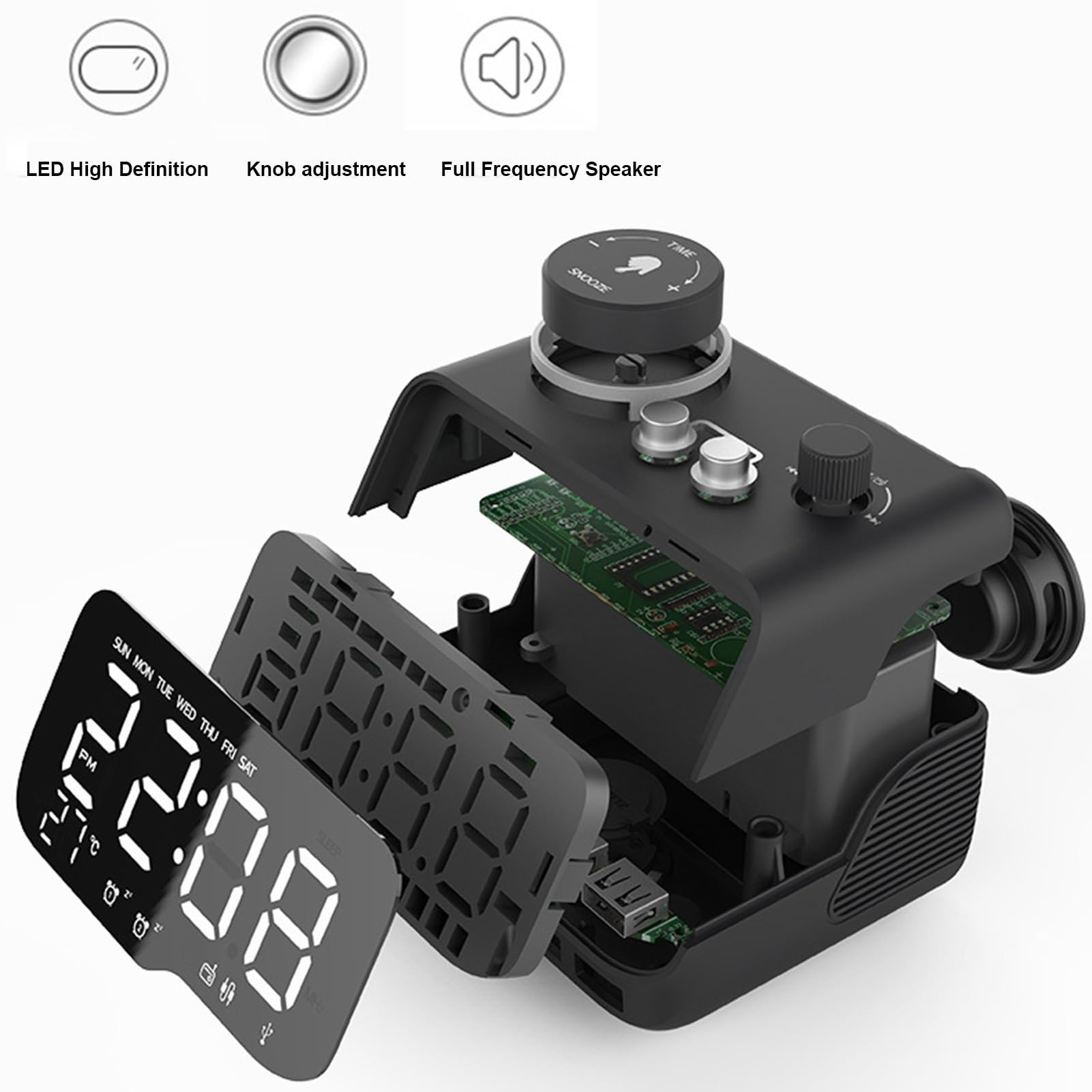 Jectse Despertador Digital con Altavoz Bluetooth 5.0, Pantalla LED Radio FM Despertador para Temperatura y Día de la Semana, Radio FM con Doble Alarma, Reproducción de Tarjeta (Enchufe de la UE)