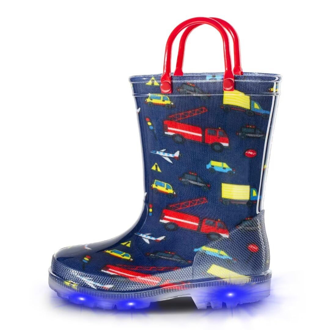 EUXTERPAToddler-Kids Waterproof Light Up Rain Boots Patterns and Glitter Boots with Handles for Boys and Girls
