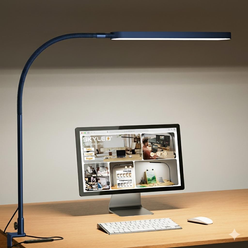 SKYLEO Desk Lamp - LED Desk Light - Flexible Gooseneck - 5 Color Modes X 11 Brightness Levels - 1300LM - Timmer & Memory Function - 12W Clip on Light - Blue