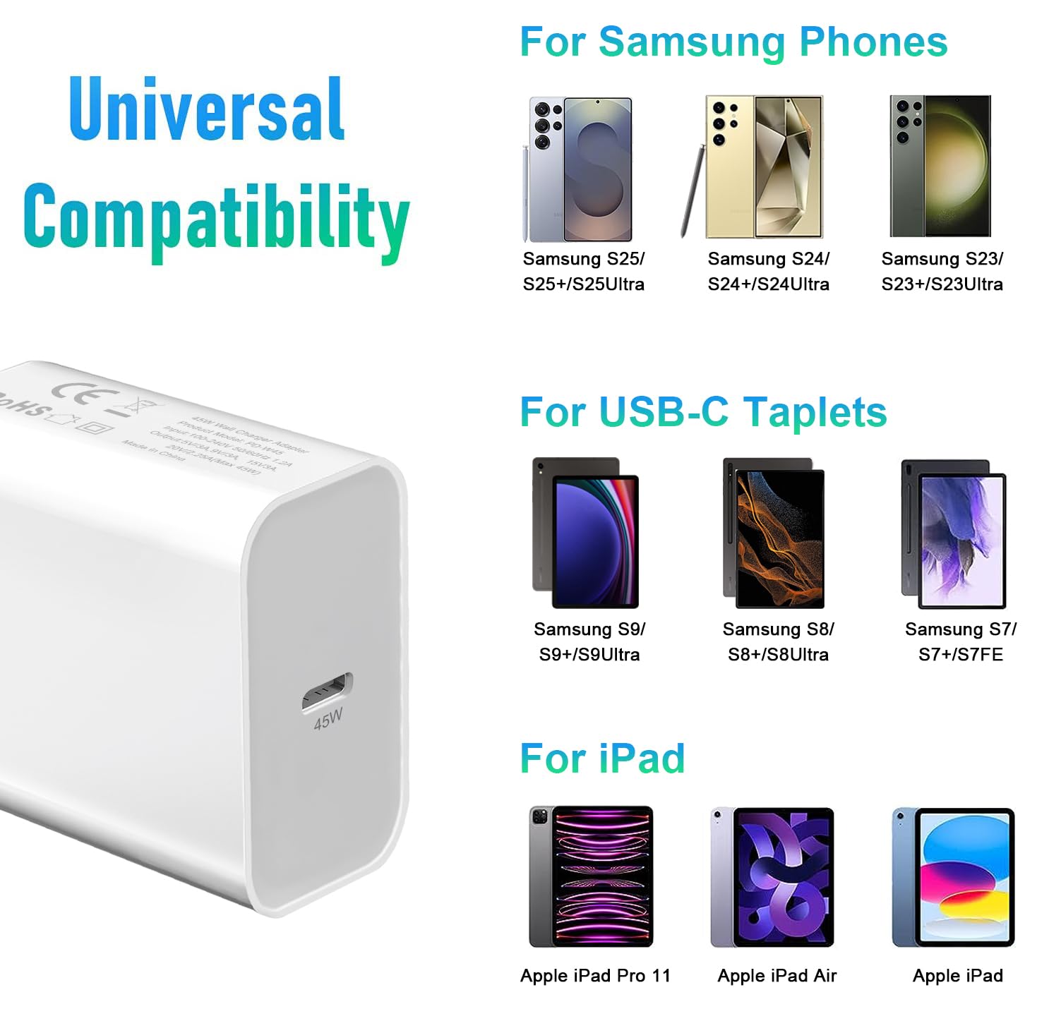 45W Cargador USB C para Samsung Galaxy S25 Ultra/S26 Ultra/S25/S23 Plus/S24 FE/S22+/S21/S20,A56 5G/A55 A54 A36 A26 A16 A35 A25 A15 A17 iPhone 15 16 17 Tipo C Enchufe Adaptador de Pared Carga Rapida — view 7