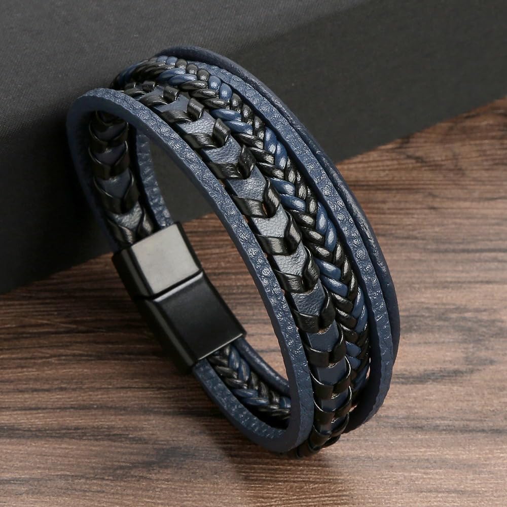 Mens Leather Bracelet Multi-Layer Braided Bracelet Wristband Father's Day Birthday Jewelry Gifts 8.5" Classic Bracelet with Stainless Steel Buckle - Image 5