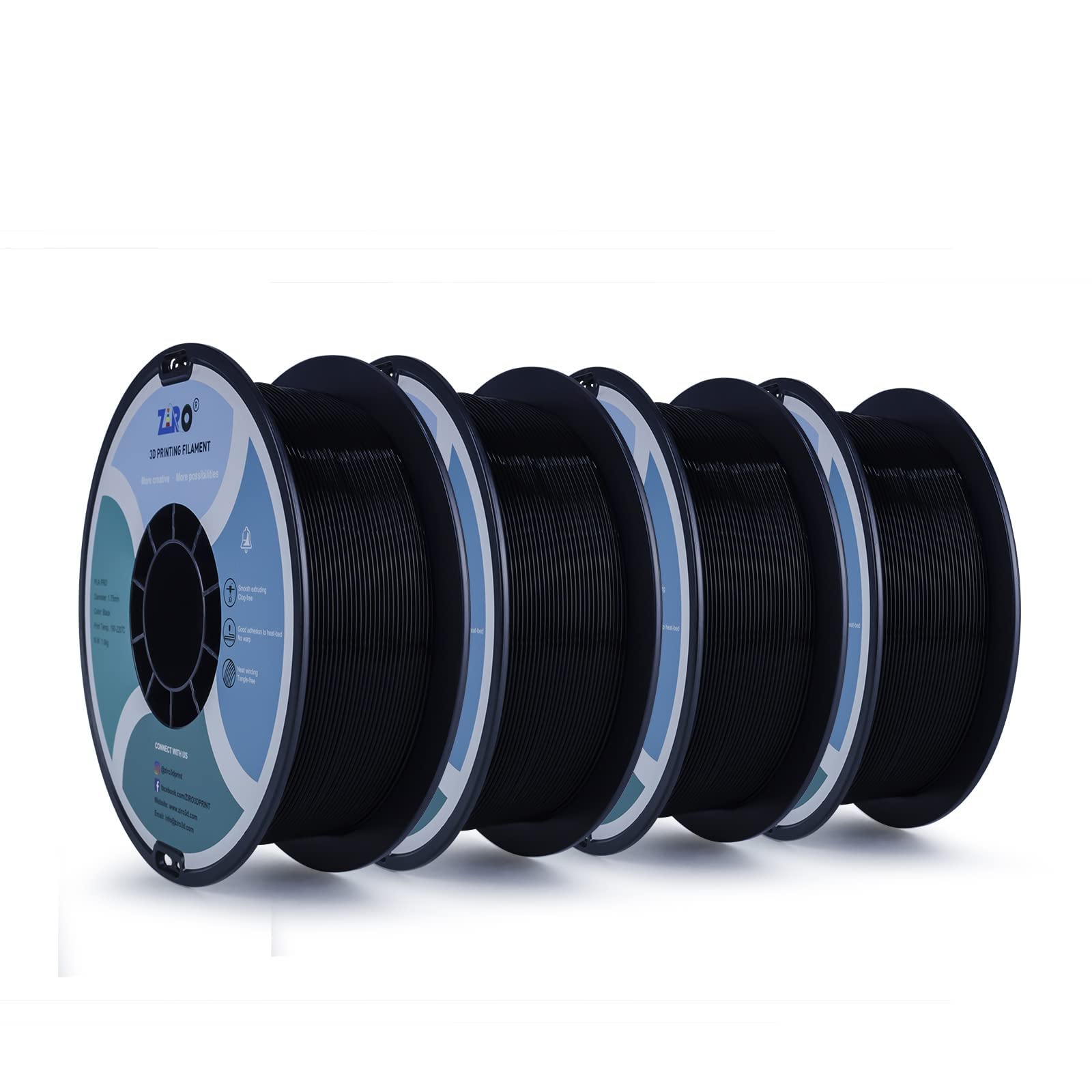 ZIROPLA Filament 1.75mm,3D Printer Filament PLA PRO Basic Color Series 1.75MM Total 4KG(8.8lbs), Dimensional Accuracy +/- 0.03mm,Black(1KG X 4 Spools Pack)