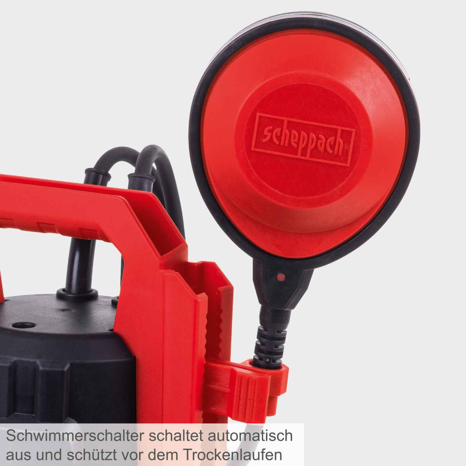 Scheppach DWP400 Schmutzwassertauchpumpe 400W | Fördermenge 9000 L/h | Förderhöhe 6m Eintauchtiefe 7m | Partikelgröße 30mm | für Klar- & Schmutzwasserpumpe | Tauchpumpe mit Saugfunktion flachsaugend