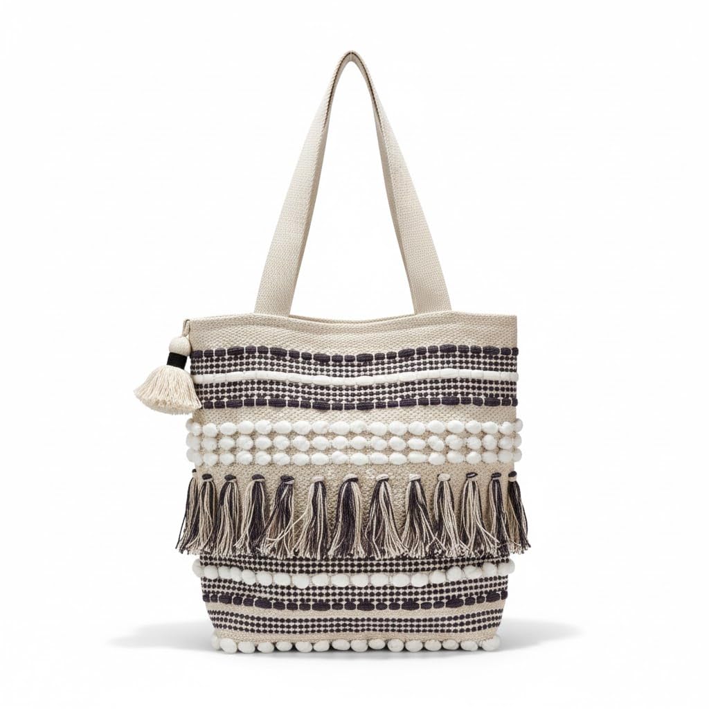 Woven Tote Bag for Women with Tassel, Dark Navy and Natural Striped Pattern, Fringe Detail, Canvas Shoulder Bag, Eco Friendly, Boho Style Handbag 16x15 Inches-image-48