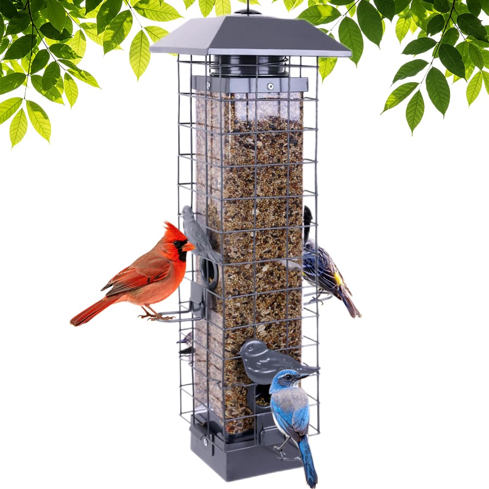 Comederos de pájaros a Prueba de Ardillas para Exteriores, comedero de Metal para pájaros Silvestres para Colgar en el Exterior, 4 Puertos, Gran Capacidad de 3 Libras (Gris)