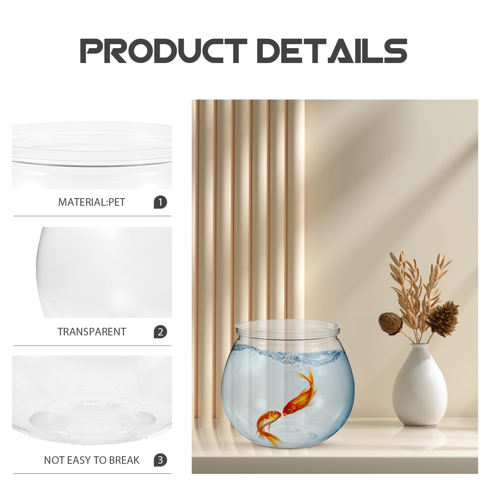 Ipetboom Goldfischglas 3 Stück Kunststoff Fischglas Transparentes Rundes Aquarium Fischschalen für Goldfische Und Schildkröten, Unzerbrechlich und Pflegeleicht, Perfekt für Wohnzimmer Büro