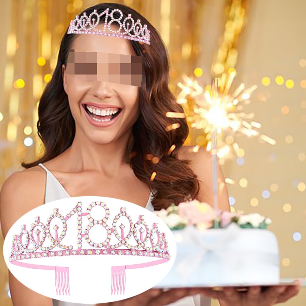 Zestaw szarfa i tiara na 18. urodziny, różowa korona urodzinowa z kryształem, różowa korona urodzinowa, dekoracja na urodziny, korona urodzinowa dla dziewczynek i kobiet, akcesoria na urodzinową