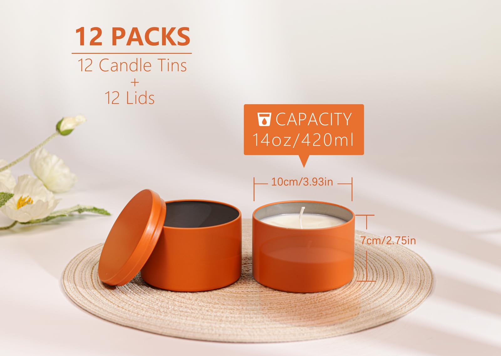 Lot de 12 boîtes à bougies avec couvercles, 3 mèches, 420 ml, sans couture, pour la fabrication de bougies, en gros, pots de bougies vides – Orange