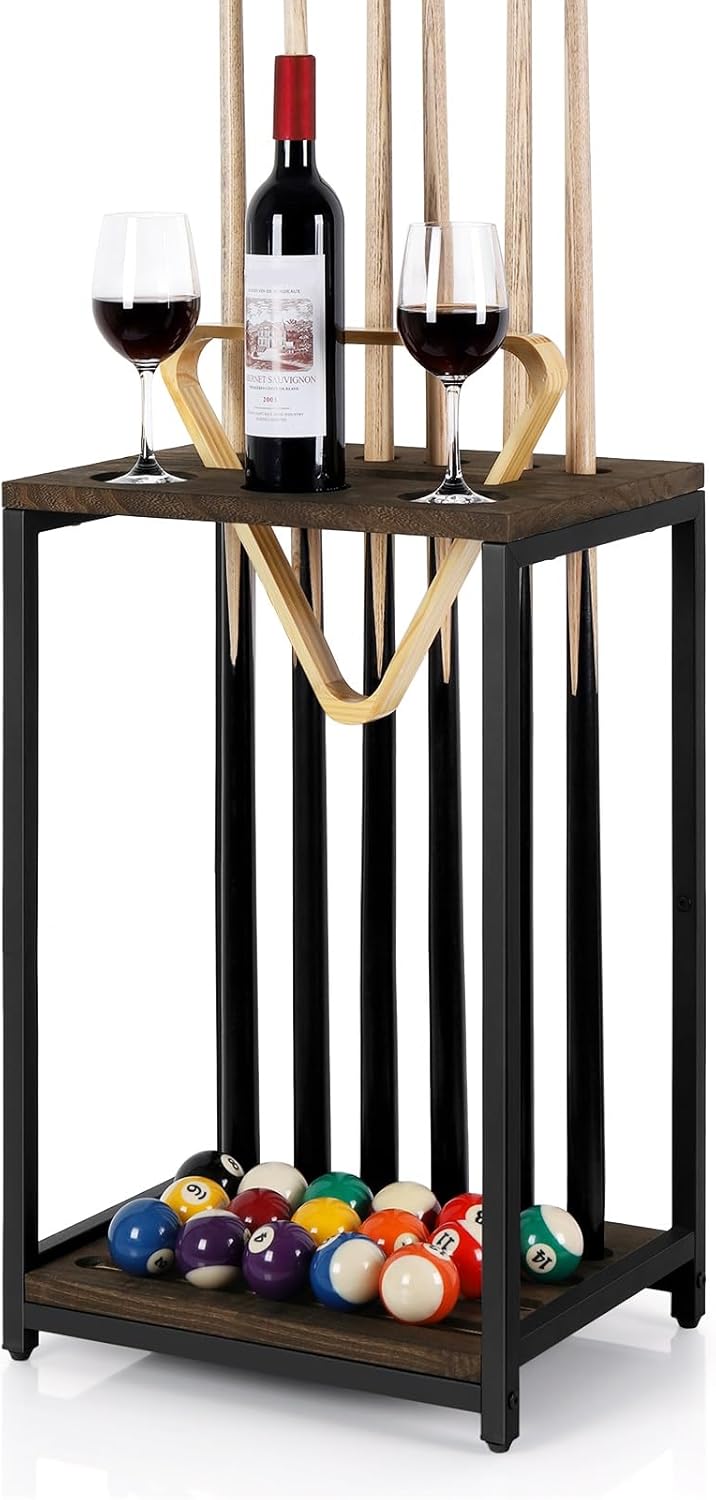smusei Pool Cue Rack Wood Billiard Stick Holder Pool Table Accessories for Billiard Room Game Room Club Holds 6 Cues, Floor Stand, Deep Brown