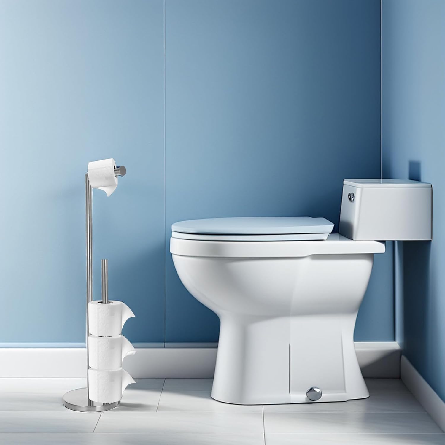 Freestanding Toilet Paper Holder Floor Stand Bathroom Tissue Roll Holder with 0.8mm Eva Base Natural Color Vertical Toilet Paper Storage Organizer for Home Bathroom