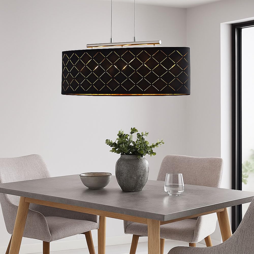 Deckenleuchte Lampe Wohnzimmer hängend schwarz gold Wohnzimmer hängend Hängelampe Esstisch, 3 Flammig Stanzungen, Metall Textil, 3x LED 7W 806Lm 2700K, LxBxH 65x25x140 cm