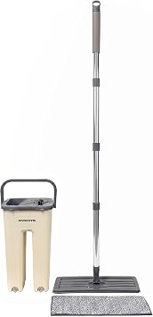 OVENTE Mop and Bucket Wringer Set, Washable Microfiber Pad, Beige MBP32BGG