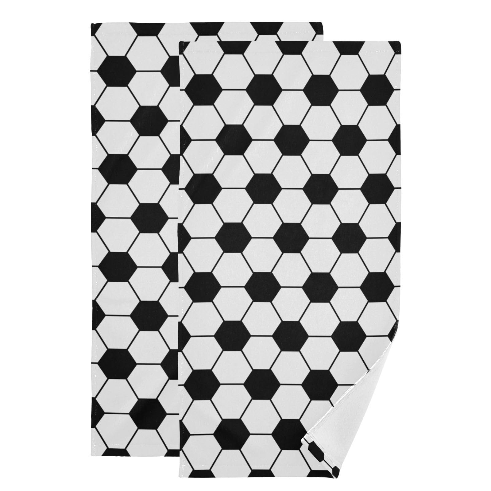 COVASA Black and White Soccer Ball Hand Towels for Bathroom Set of 2,Sport Game Soccer Team Geometric Kitchen Towels,Microfiber Absorbent Decorative