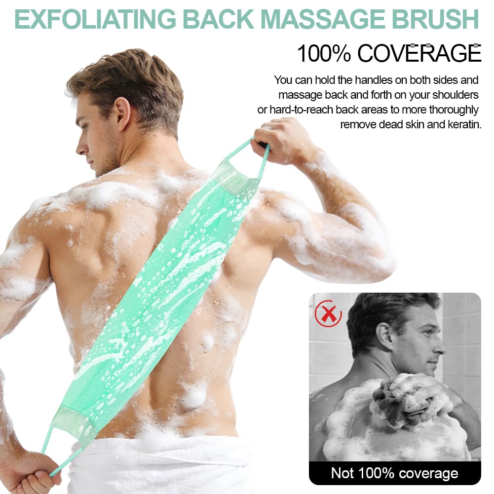 Set Guanto Scrub Corpo, 2 Guanti Esfolianti e 1 Scrubber per la Schiena, Panno Esfoliante Corpo Asciugamani Esfolianti per il Corpo Unisex, Guanti Esfolianti per Esfoliante/Doccia/Spa (Verde) - 3