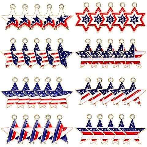40PCS American Flag Charms 4th of July Patriotic Charms for Jewelry Making Rhinestone Enamel Heart Star Pendant Charms for DIY Necklace Bracelet Earrings Crafts, Metal, crystal Cover
