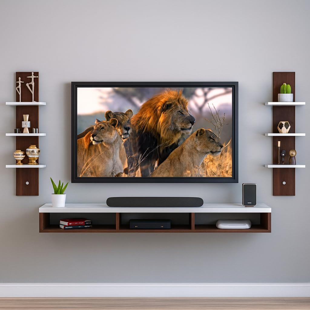 IWH IRON WOOD HANDICRAFT 32 INCH Tv Engineered Wood Wall Mount Tv Entertainment Unit/with Set Top Box Stand and Wall Shelf,Living Room (Brown-White)