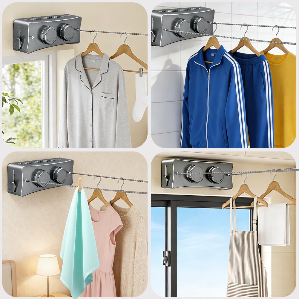Filo per bucato allungabile, 2 corda in acciaio inox da 5,1 m, filo per bucato a parete estensibile, pulsante di serraggio regolabile per un supporto aggiuntivo, design anti-saggio, adatto per balcone